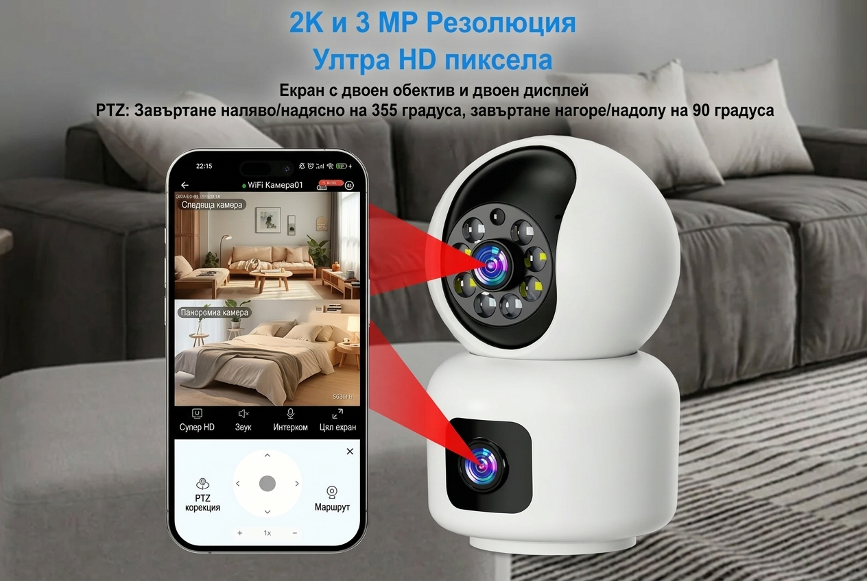 3 MP 2K смарт охранителна камера, бебефон и камера за домашни любимци, цветно нощно виждане, засичане на движение, лесен монтаж, съхранение в облак / SD карта.