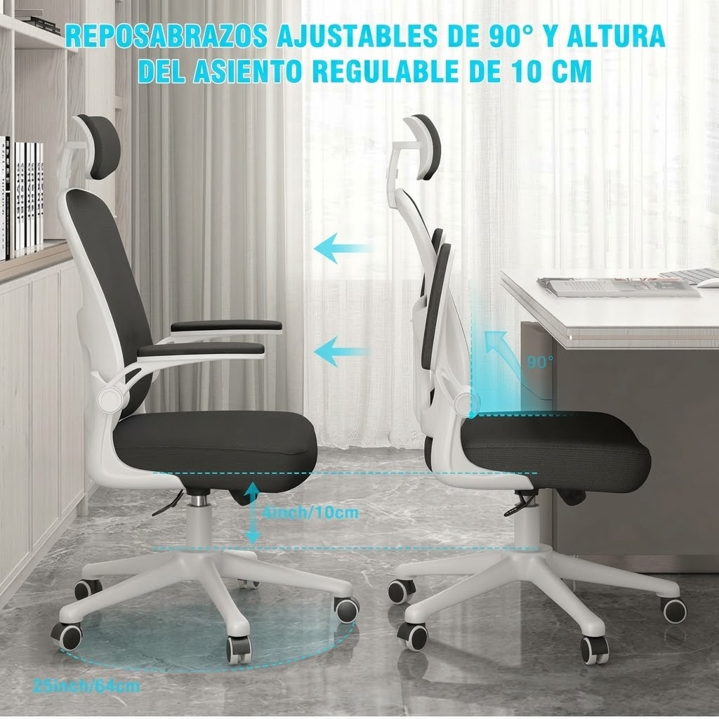 Silla de Oficina, para Gaming, Escritorio Ergonmica con Reposacabezas, Ajustable y con Soporte Lumbar Respaldo de Malla Transpirable Reposabrazos Abatibles de 90 Giratoria 360 (SF168-002) - Bild 3