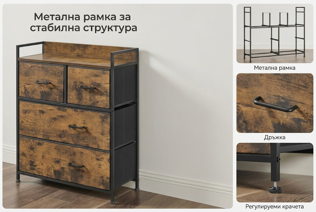SONGMICS скрин с чекмеджета – текстилен шкаф за съхранение със 7 чекмеджета, с дръжки и здрава метална рамка за спалня. - Image 4