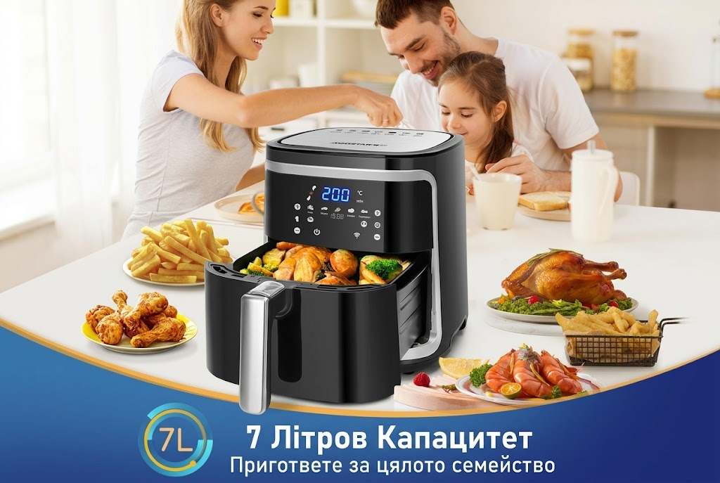 Фритюрник с горещ въздух без мазнина XXL 7 л, 1900 W, интелигентен. Wi-Fi свързаност. Сензорен LED дисплей, 7 предварително зададени функции. Без BPA. ПОДАРЪК: Електрическа кана 1,7 л. - Image 4