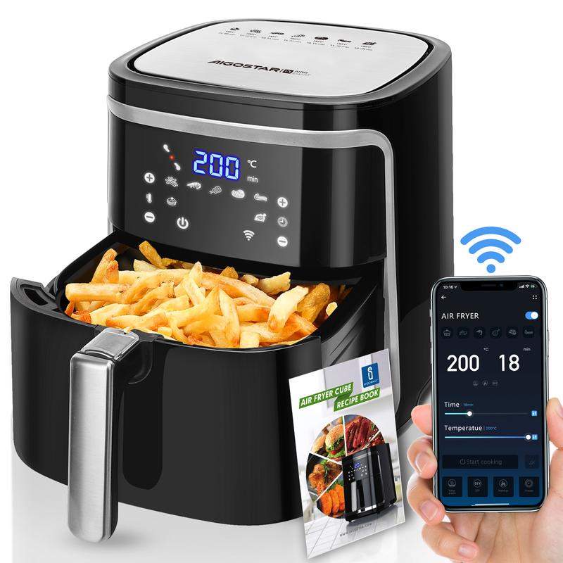 Фритюрник с горещ въздух без мазнина XXL 7 л, 1900 W, интелигентен. Wi-Fi свързаност. Сензорен LED дисплей, 7 предварително зададени функции. Без BPA. ПОДАРЪК: Електрическа кана 1,7 л.