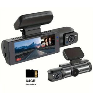 1080P Dual Recording Car DVR Camera, Dash Cam with 64GB Memory Card, Wide Angle Car DVR Camera with 3.16 Inch IPS Screen, Video Surveillance